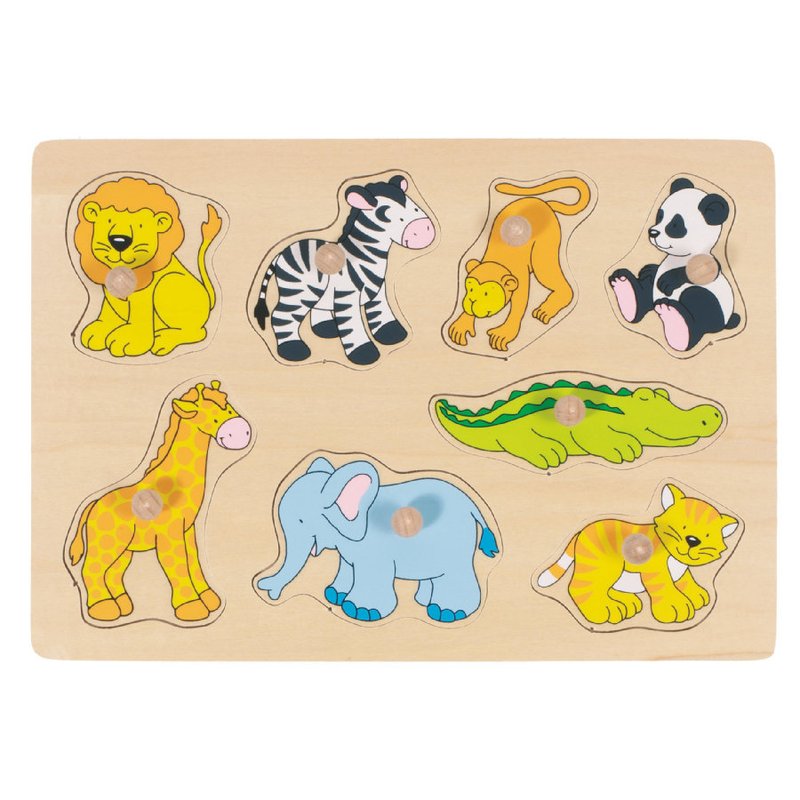 Puzzle cu butoane-animale zoo din lemn Goki
